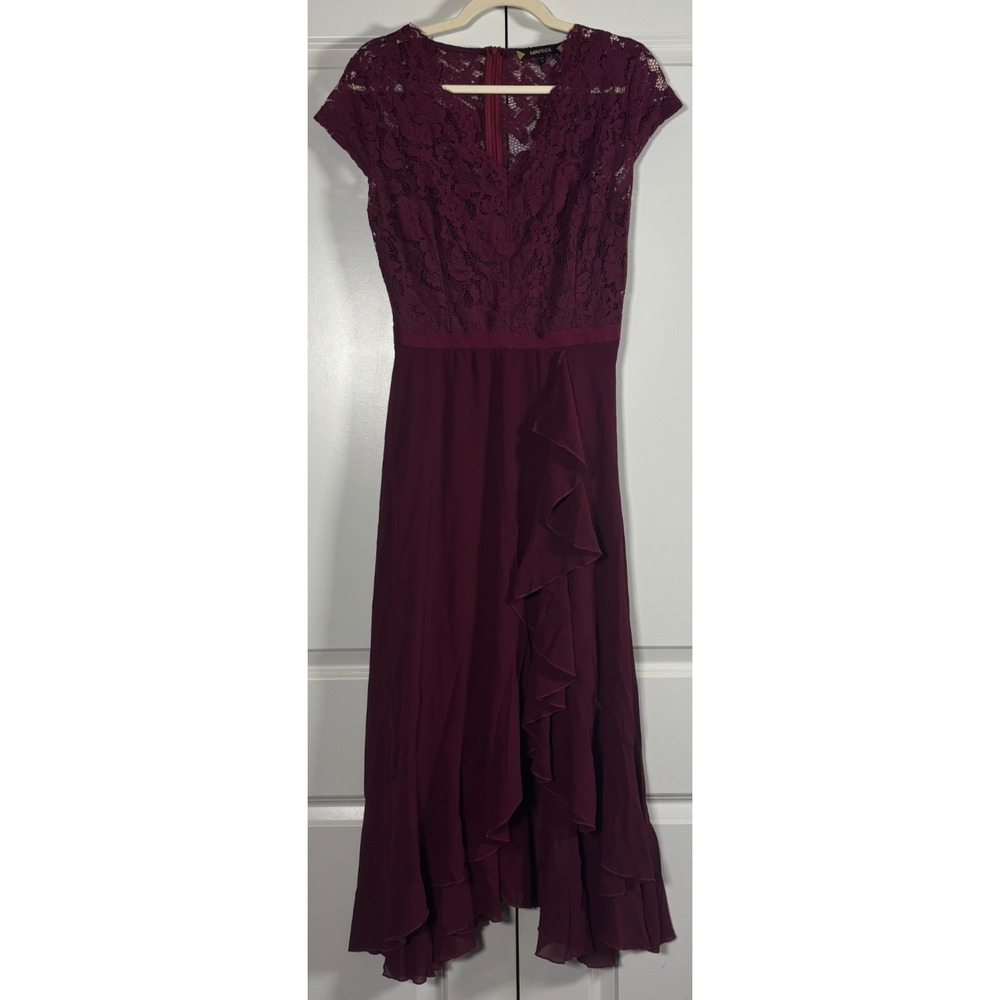 Miusol Womens V-Neck Lace Ruffle Maxi Dress A-Magenta Floral Bridesmaid Zip-Up M